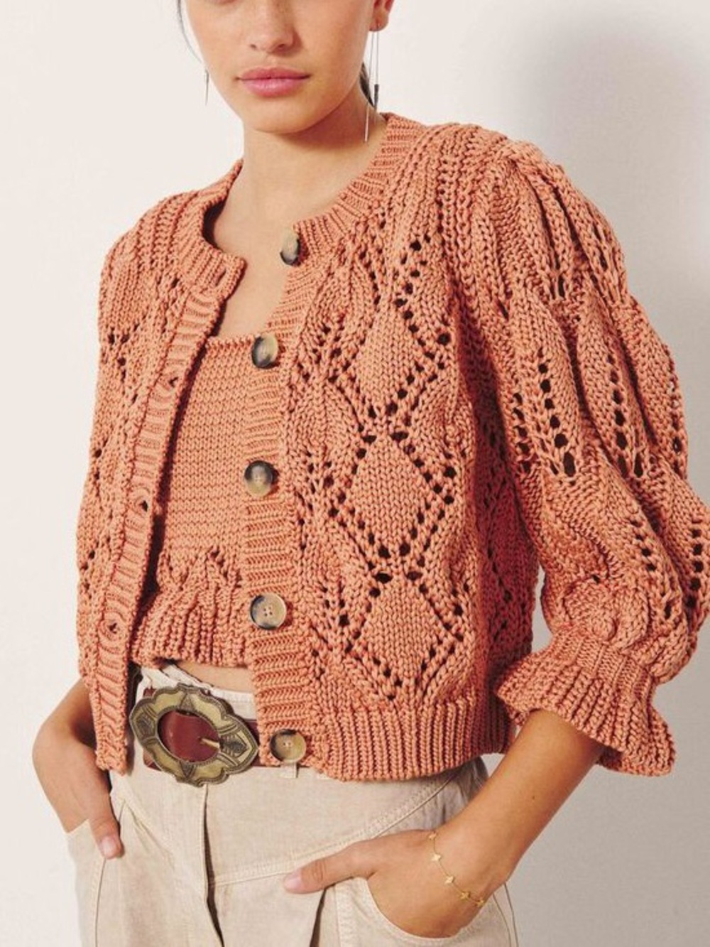 BA&SH Sennay Knitted Cardigan 100% Cotton Italy Apricot Size Small Retail $390